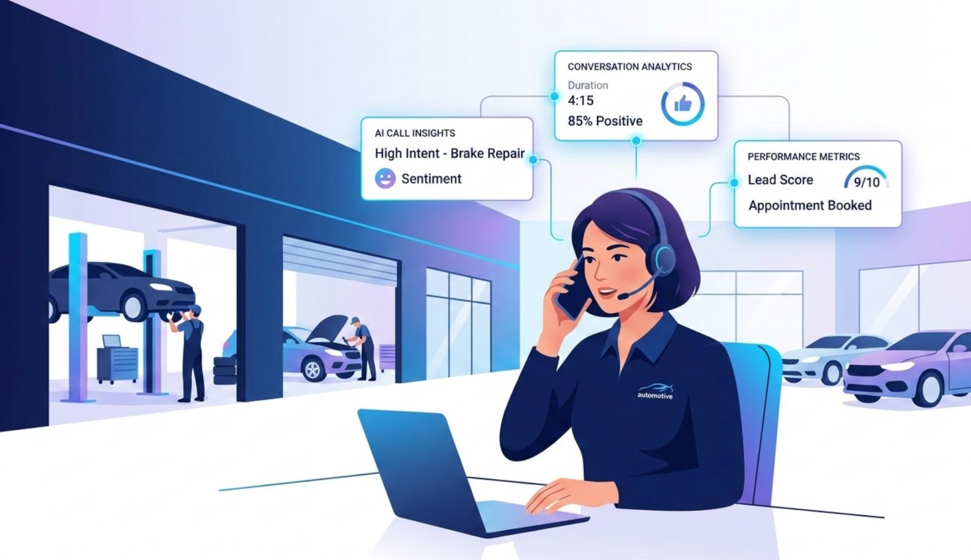 Auto body shop call rep with AI call insights — lead score, appointment booked, conversation analytics