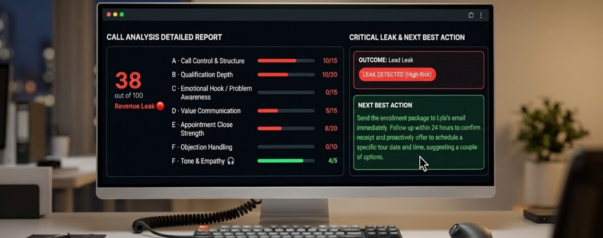 CallVelocity detailed call analysis report showing revenue leak