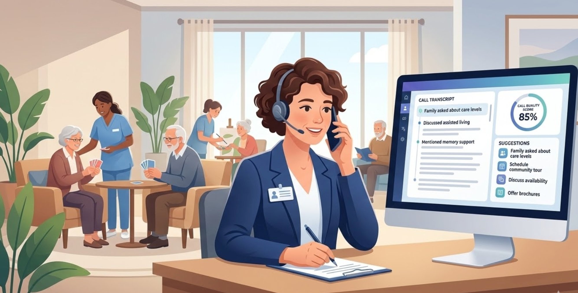 Senior living sales counselor with CallVelocity call transcript and quality score dashboard